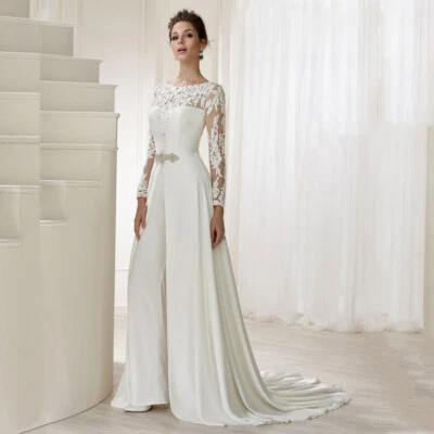 Jumpsuit Lace Wedding Dresses Detachable Train Long Sleeves O-Neck Bridal Gowns - Image 1 of 4