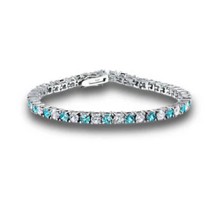 White Gold Finish 5mm Created Diamond And Aquamarine Tennis Bracelet  - Picture 1 of 2