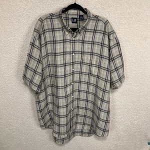 VTG Gap Linen Shirt Men’s XL Beige Blue Plaid Check Button Up Short Sleeve - Picture 1 of 9
