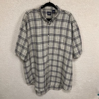 VTG Gap Linen Shirt Men’s XL Beige Blue Plaid Check Button Up Short Sleeve - Image 1 of 4