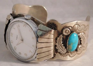 Navajo Native American Sterling Silver Turquoise Mens Watch Cuff Bracelet - Picture 1 of 21