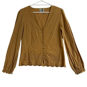 Jaase Top Size L Rust Brown Boho Broderie Anglaise Long Serve V Neck Button Up - Picture 1 of 15