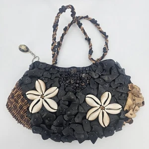Mido Collection Shell, Wood and Beaded Handbag Purse Beach Black Brown - Picture 1 of 12