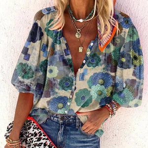 Summer Women's New Fashion Casual Printed Short-Sleeved Loose Lapel Shirt - Picture 1 of 6