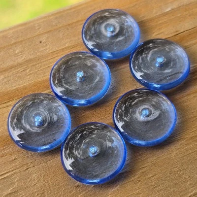 (6) Vintage German Glass Beads Clear Smooth Blue Rondelle Disk 15mm Diameter - Image 1 of 3