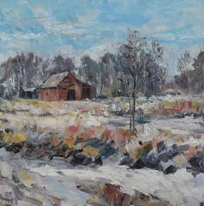 Art Original Oil Painting RM Mortensen "An Early Snow" Farm Field Barn 12"x 12" - Picture 1 of 1
