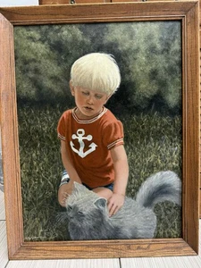 Vintage Original Oil Painting Signed Framed Boy Cat Landscape 26X20 in. Realism - Picture 1 of 11