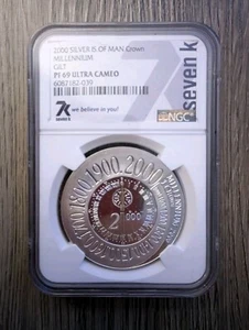 2000 Isle of Man 1 Crown Millennium .925 Silver Coin NGC PF69UCAM – Seven K GILT - Picture 1 of 2