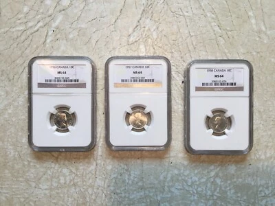 SET Canada QUEEN Elizabeth II  1956 1957 1958  Silver 10 Cent MS64 NGC LOT OF 3 - Image 1 of 4