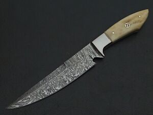 10" CUSTOM HAND MADE DAMASCUS STEEL SKINNER KNIFE BONE HANDLE W/SHEATH J294
