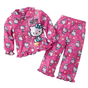 Hello Kitty Girls 2T Ruffled Flannel Coat Pajama Set Top+Pants w/Glitter Buttons - Picture 1 of 2