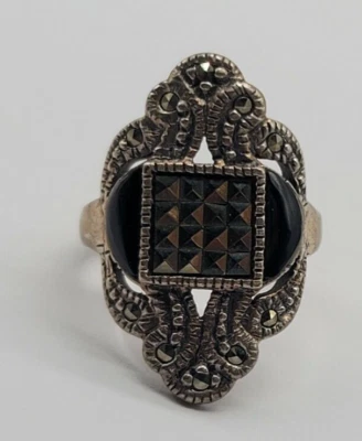 Anillo estilo antiguo de plata esterlina talla 6,5 vintage marcasita racimo ónix Foto 1 de 4