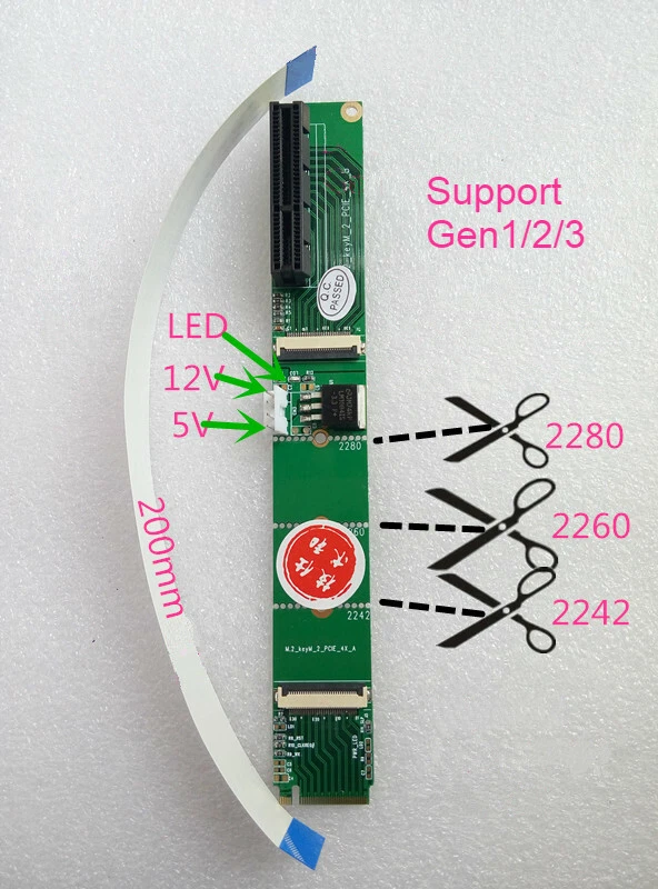 M.2 NGFF Key M NVME to PCIE 3.0 X4 Extender Adapter Card w/ Extension Cable - Image 1 of 1