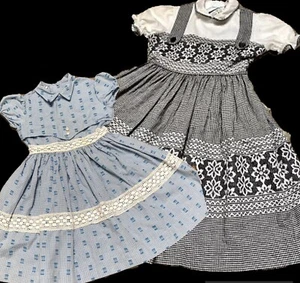 LOT-2) VTG 1950s "Grammar Girl" PUFF-SLEEVE GINGHAM Dirndl PINAFORE+LACE DRESSES - Picture 1 of 20