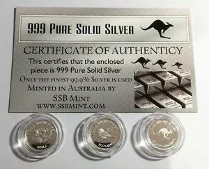 Set of 3, 999 Pure Silver 1 Gram (approx) coins, Roo, Koala, Kookaburra, Cert - Picture 1 of 5