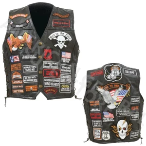 VEST LEATHER Biker Black Buffalo Motorcycle w/ 42 Patches US Flag Eagle Mens MC - Picture 1 of 12