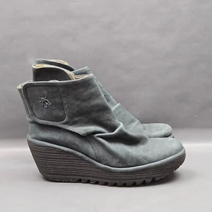 Fly London Yegi Ankle Boots Womens Size 7.5 Green Suede Wrap Wedge Heels - Picture 1 of 9