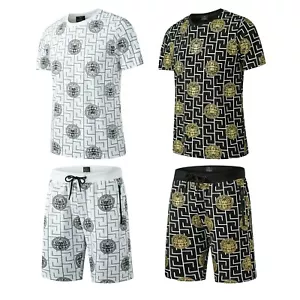 New Mens Cotton T Shirt + Polyester Shorts Set LION PRINT Tracksuit Summer - Picture 1 of 7