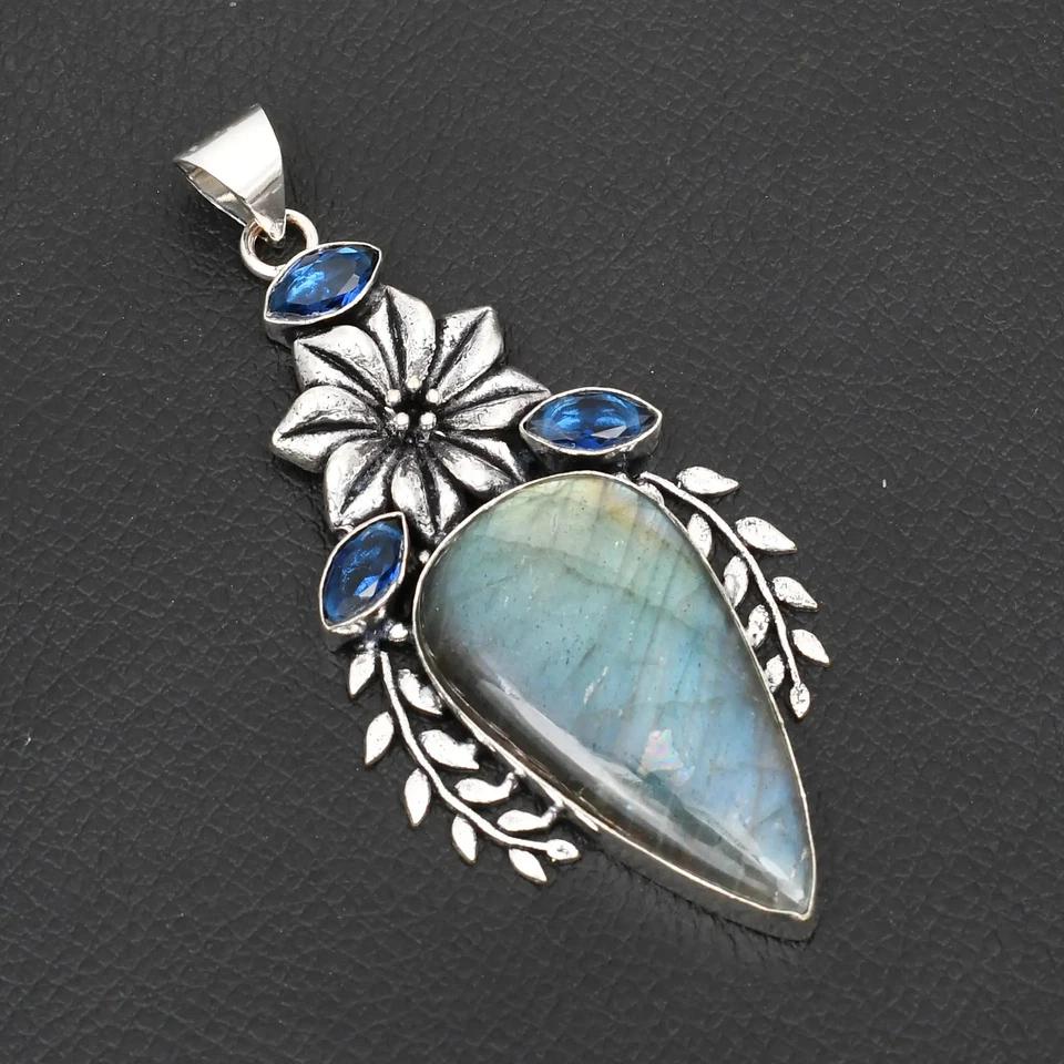 Labradorite Blue Topaz Gemstone Handmade Flower Pendant Jewelry 3.12" AP-20216 - Image 1 of 1