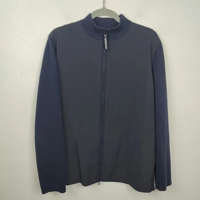 Theory Full Zip Knit Combo Jacket Mens Large Merino Wool Blend Blue Black Preppy - Image 1 of 4