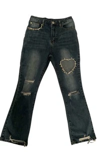 Blue B. Collection Womens Denim Jeans Rhinestone Heart Cutout & Distressed Small - Picture 1 of 6