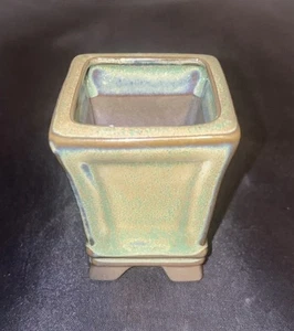 Mame Bonsai Pot Green/Yellow Glazed Ceramic Miniature Tiny Plant W/Drain Holes - Picture 1 of 4