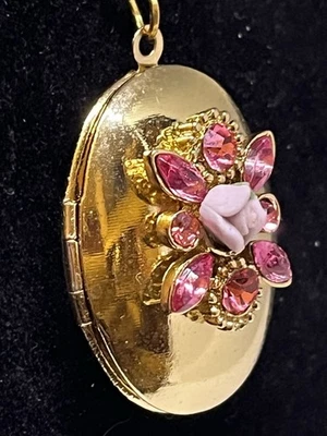 collar moda medallón piedras rosas y flor tono oro 18" cadena acero inoxidable Foto 1 de 4