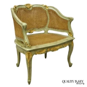 Antique French Louis XV Style Green Distressed Gold Gilt Cane Bergere Arm Chair - Picture 1 of 10