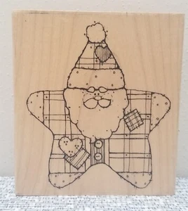 BIG SANTA STAR Patchwork Wood Mount Country Christmas RUBBER STAMP JRL Designs - Picture 1 of 6