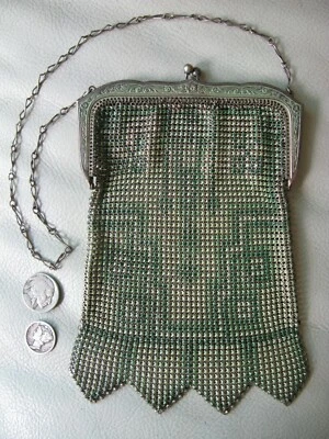 Antique Art Nouveau Frame Green Silver Enamel BEADLITE Chain Mail Mesh Purse  - Image 1 of 4