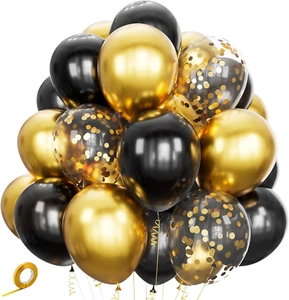 Black Gold Confetti Balloons 50 Pack 12 Inch Black and Gold Metallic Latex Ballo - Picture 1 of 12