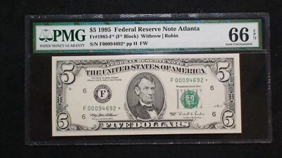 1995 ATLANTA Five Dollar PMG GEM UNC 66 EPQ Federal Reserve STAR NOTE $5 BILL! - Image 1 of 4