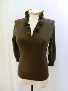 NUEVO CON ETIQUETAS $135 talla XS ECCOCI VINTAGE HONGO CUELLO EN V VOLANTES CUELLO SUÉTER CAMISA - Imagen 1 de 4