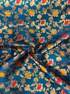 1 mtr teal/gold floral banarsi brocade,jacquard fabric..50”wide (127cm) - Picture 1 of 7