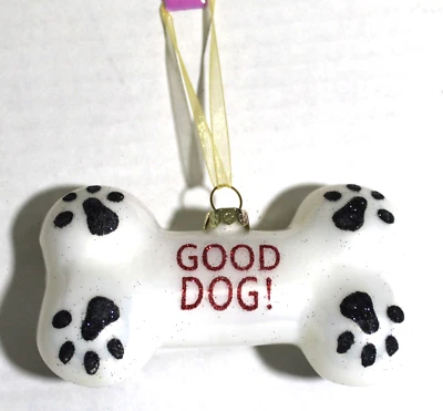 Ornamento de Natal Good Dog vidro branco em forma de osso estampa de pata 5" NOVO - Imagem 1 de 4