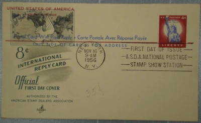 US 1956 FDC, International Reply Card, Art Craft, 4c with Paid Reply, 8c - Image 1 of 2