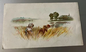 Vintage Künstler Grußkarte - zwei Mädchen ernten Weizen auf weißem Hintergrund - Bild 1 von 2