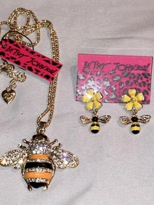 Betsey Johnson Halskette Ohrring Set Honigbiene dunkelgelb schwarz Emaille Kristall - Bild 1 von 7