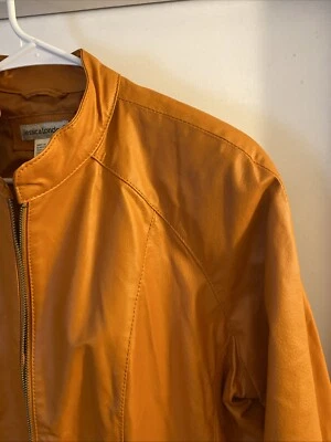 Jessica London 女式 14 码皮夹克全拉链橙色琥珀黄色 — 第 1/4 张图片