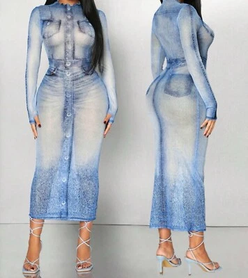 Women's Mesh Sheer Blue Denim Jean Maxi Dress Long-sleeved Size Large: Brand New - Image 1 of 4