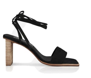 Sol Sana Women Black Suede Leather Heels W/ Wrap Around Ties & Wooden Heel SZ 38 - Picture 1 of 6