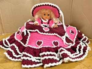 Vtg Handmade Crocheted Pink Dress & Hat Bed Pillow Doll 9" tall by 14" wide - Picture 1 of 13