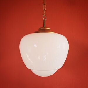 Large vintage brass schoolhouse white milk glass opaline kitchen pendant lights