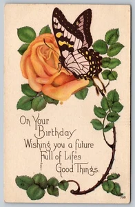 Antique Happy Birthday Wishes Butterfly Rose Postcard B10 - Picture 1 of 2
