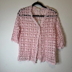 Belle Poque Pink 3/4 Sleeve eyelet lace open cardigan womens size LARGE NWT - Picture 1 of 7