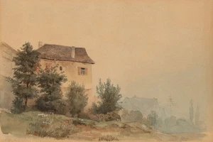 L. HARTMANN (1835-1902), Blick auf ein Haus, um 1858, Aquarell Romantik - Bild 1 von 5