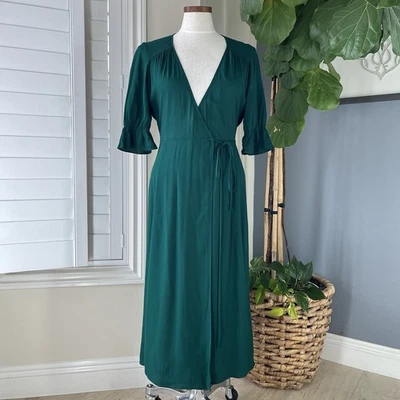 Reformation Augustina Dress S Emerald Green Plunge V-Neck Wrap Crepe NWT - Image 1 of 4