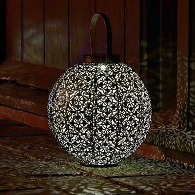 Solar Hanging LED Lantern Damasque Outdoor Garden Lighting Round Metal Light - Image 1 of 4