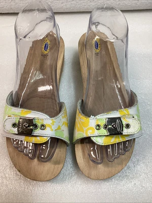 ❅�De colección Dr Scholls Sandalias de Madera Originales Para Mujer 8 Estampado Tropical Puntera Golpe RARAS Foto 1 de 4