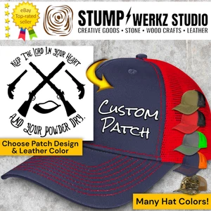 Custom Hat Trucker Baseball Cap Richardson Leather Patch KEEP YOUR POWDER DRY - Picture 1 of 21